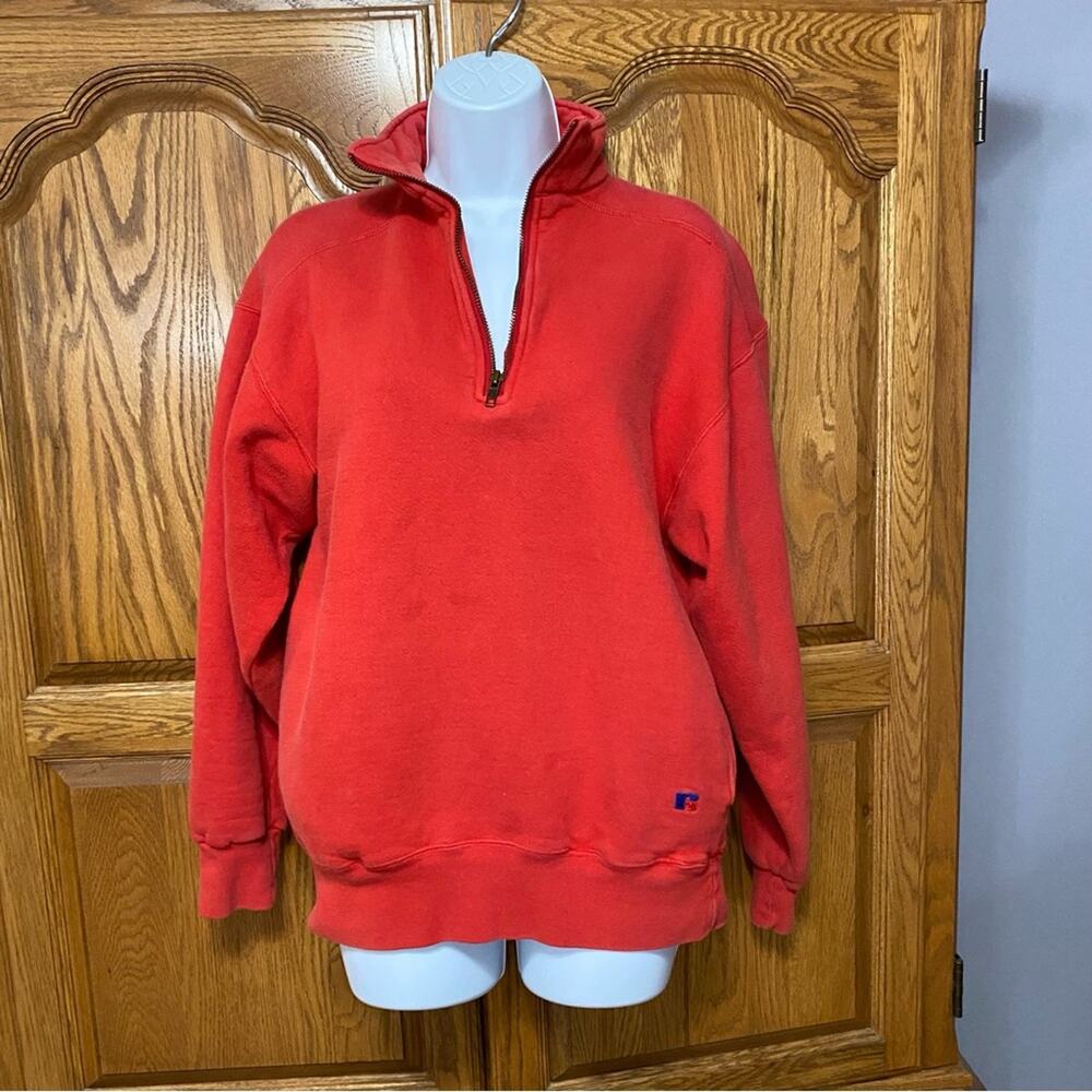 Vintage Blank Russell Quarter Zip Sweatshirt Red Women’s Medium‎ USA Plain 90s